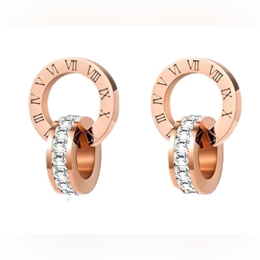 NWT Classic Roman Numeral Crystal Earrings Rose Gold Stainless Steel